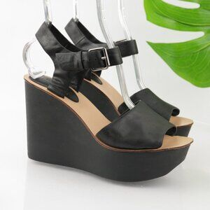 Topshop Womens Sandal Size 40 9.5 Black Leather Ankle Strap Wedge Heel Platforms